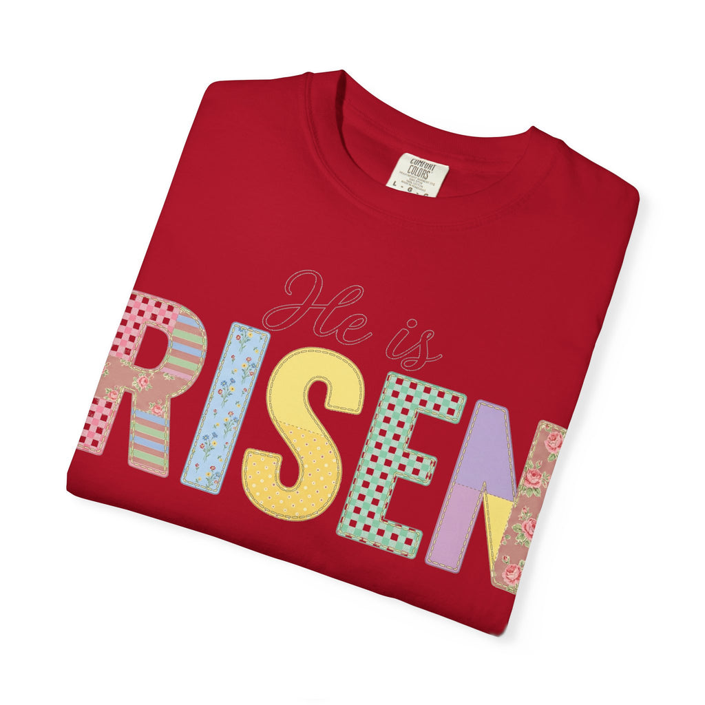 He Is Risen Patchwork Shirt, Faux Applique Easter Tee, Gingham Floral Christian Shirt, Easter Gift