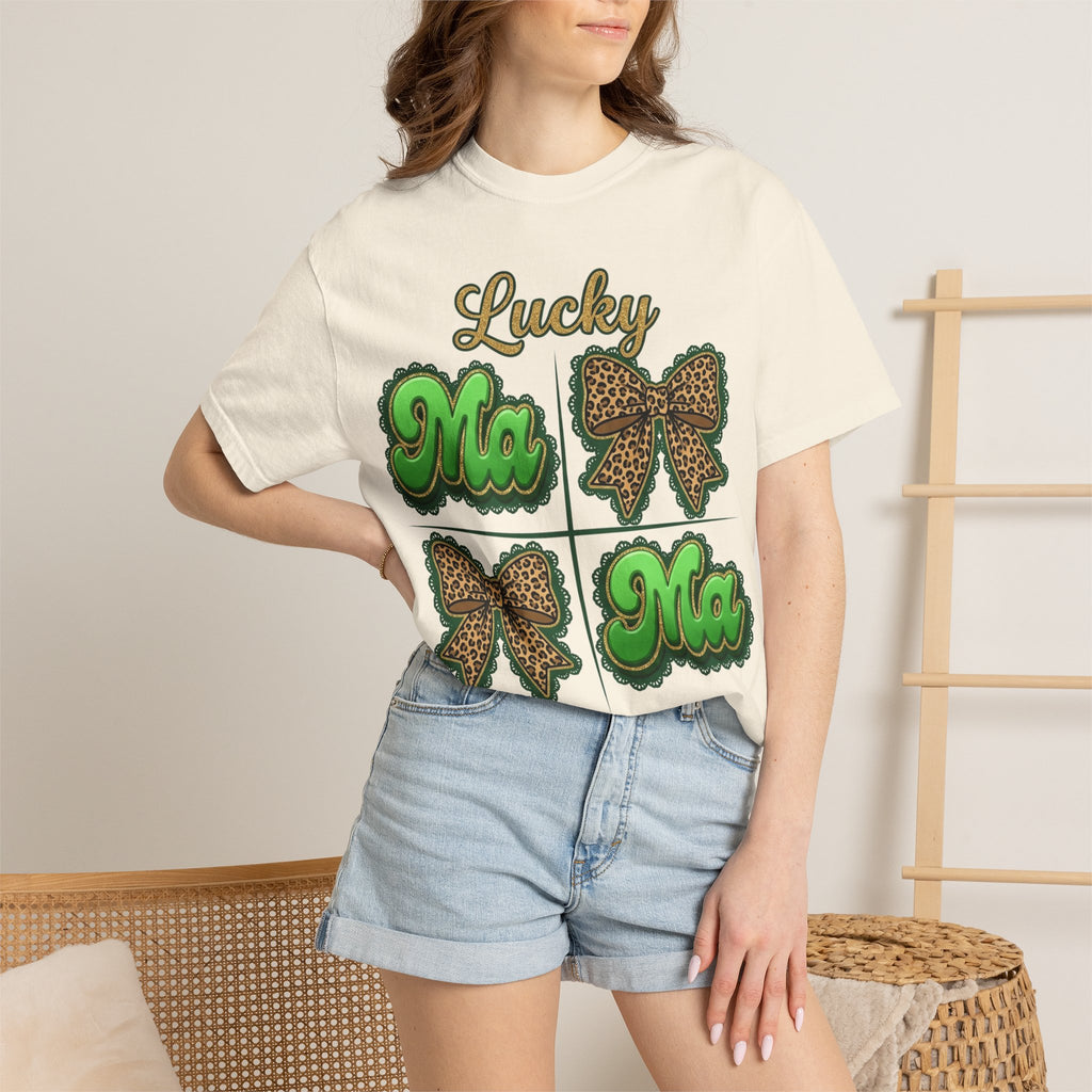 Lucky Mama Shirt, St Patricks Day Leopard Bow Tee, Green Glitter Mama Shirt, Irish Mom Gift