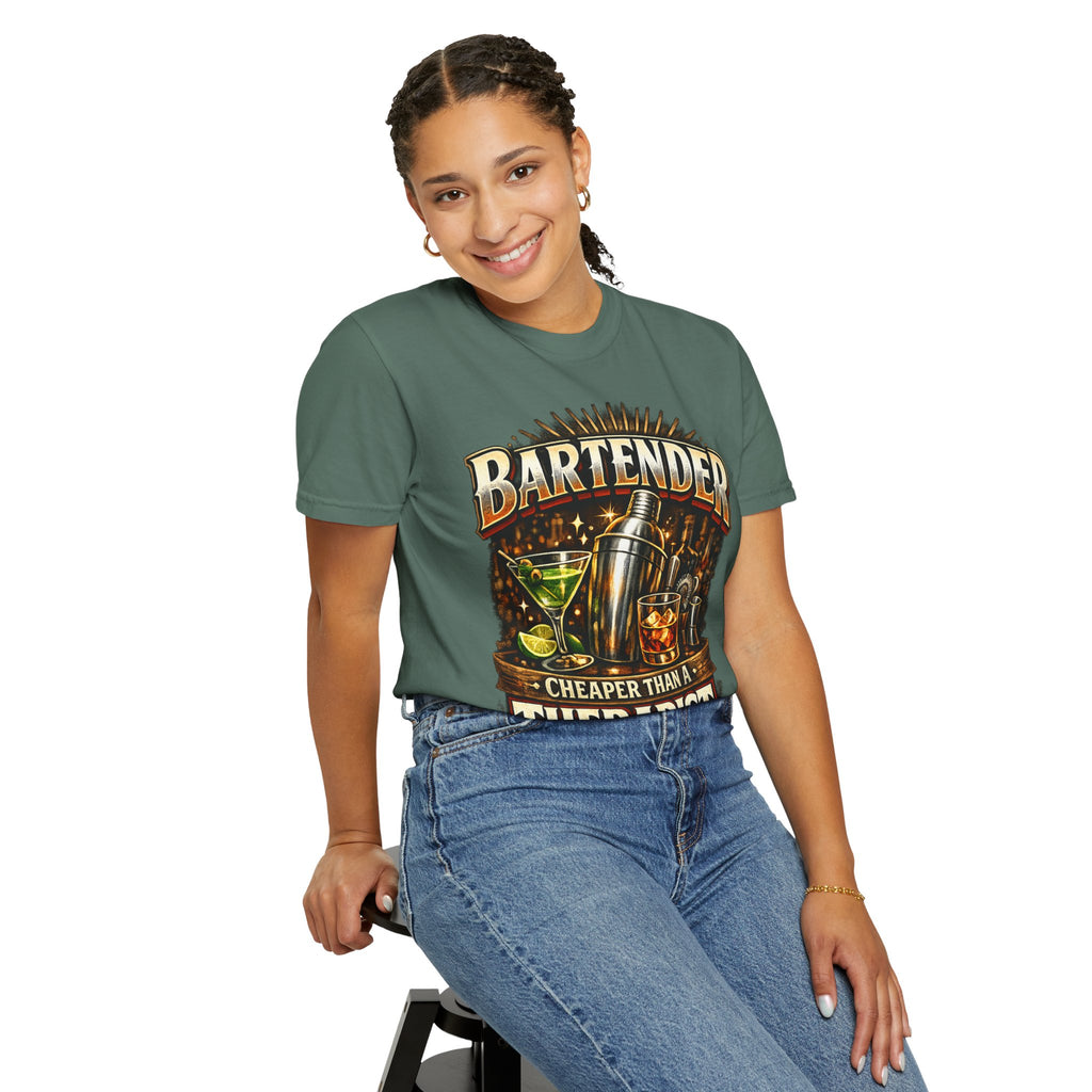Bartender T-Shirt — "Bartender: Cheaper Than a Therapist" Vintage Bar Graphic Tee