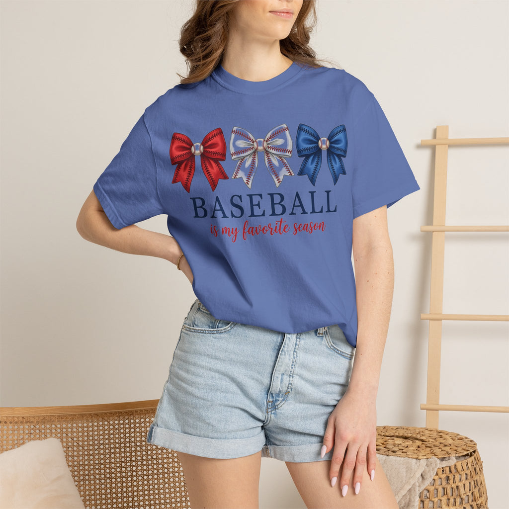 Baseball Is My Favorite Season Tee, Small Bow Trio Baseball Shirt, Coquette Sports Mom Shirt, Game Day Gift