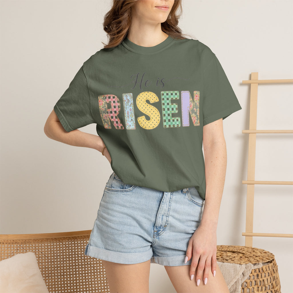 He Is Risen Pastel Patch Shirt, Easter Faux Stitch Letter Tee, Christian Spring Shirt, Easter Gift