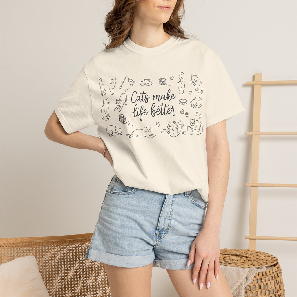 Cats Make Life Better Wide Shirt, Scattered Cat Doodle Tee, Minimal Cat Lover Shirt, Cat Owner Gift