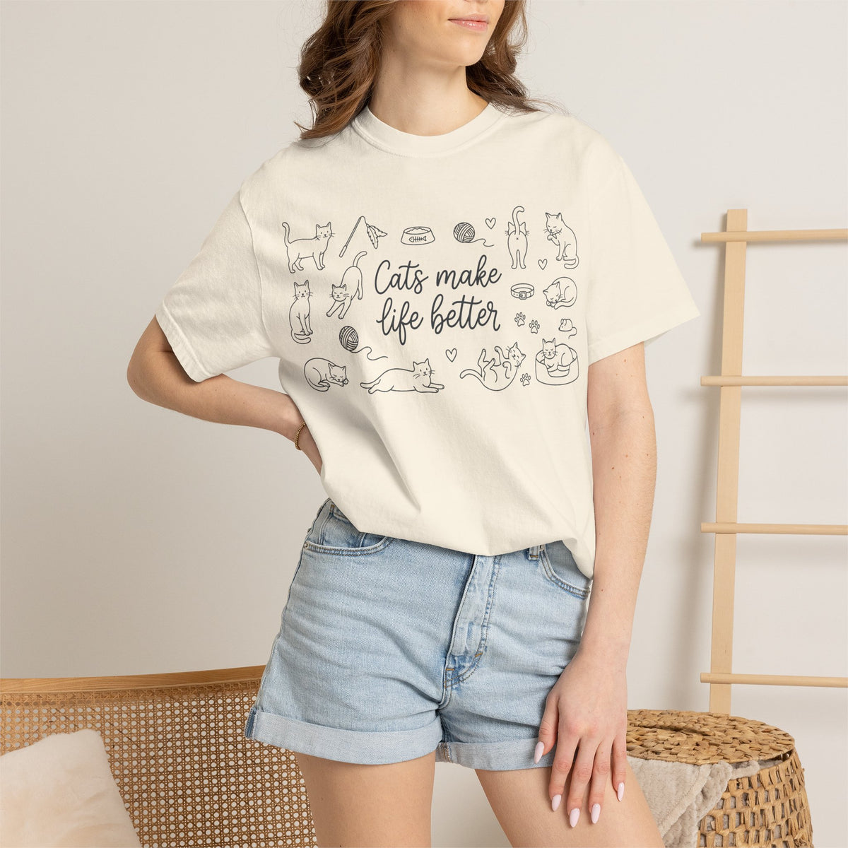 Cats Make Life Better Wide Shirt, Scattered Cat Doodle Tee, Minimal Cat Lover Shirt, Cat Owner Gift