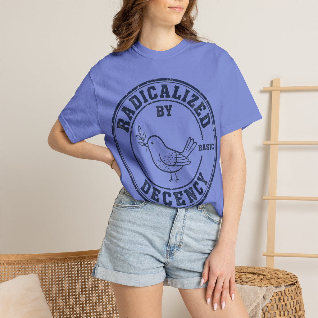 Radicalized By Basic Decency Navy Stamp Shirt, Line Art Dove Badge Tee, Kindness Protest Shirt, Activist Gift