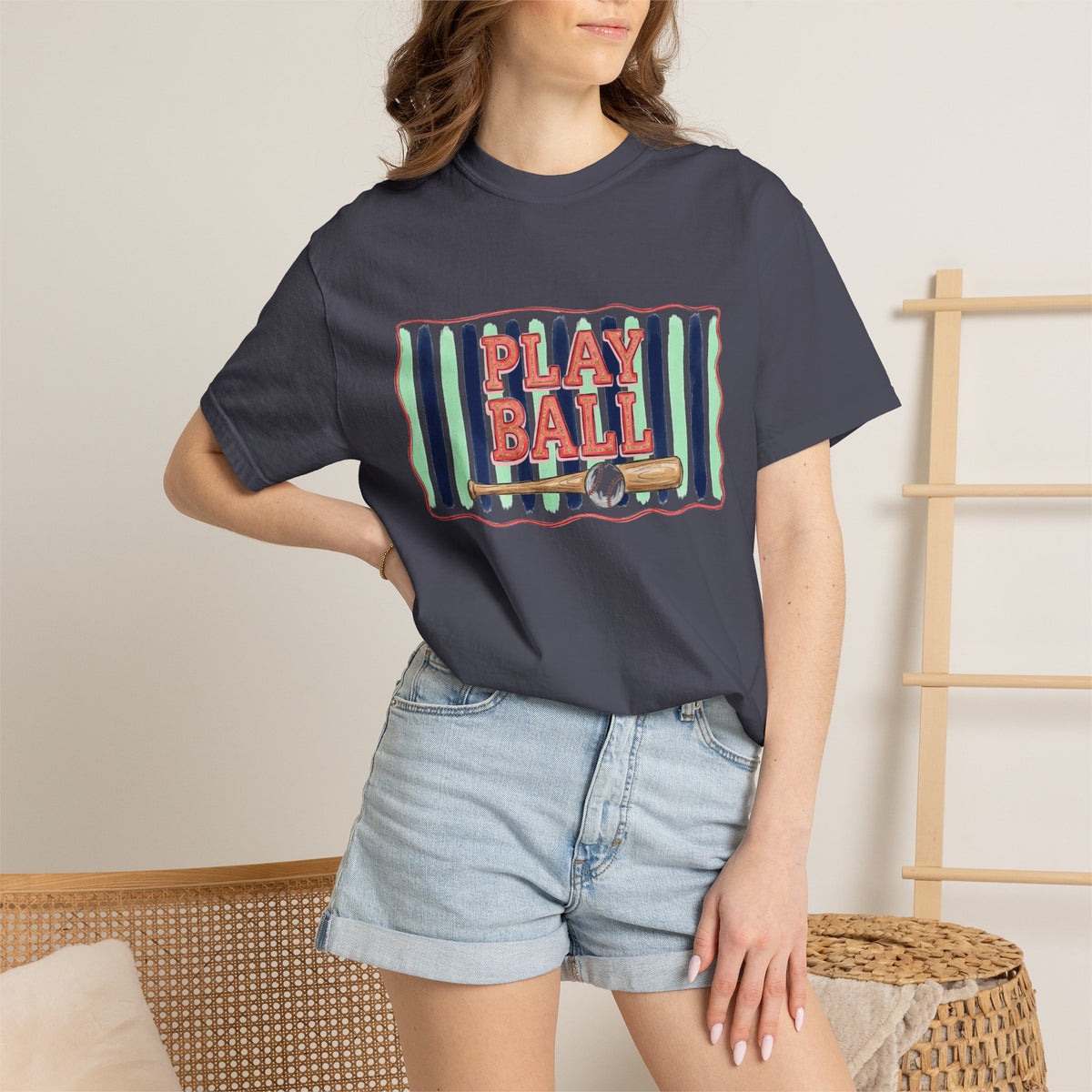 Play Ball Shirt, Painted Stripe Baseball Tee, Vintage Baseball Mom Shirt, Game Day Gift