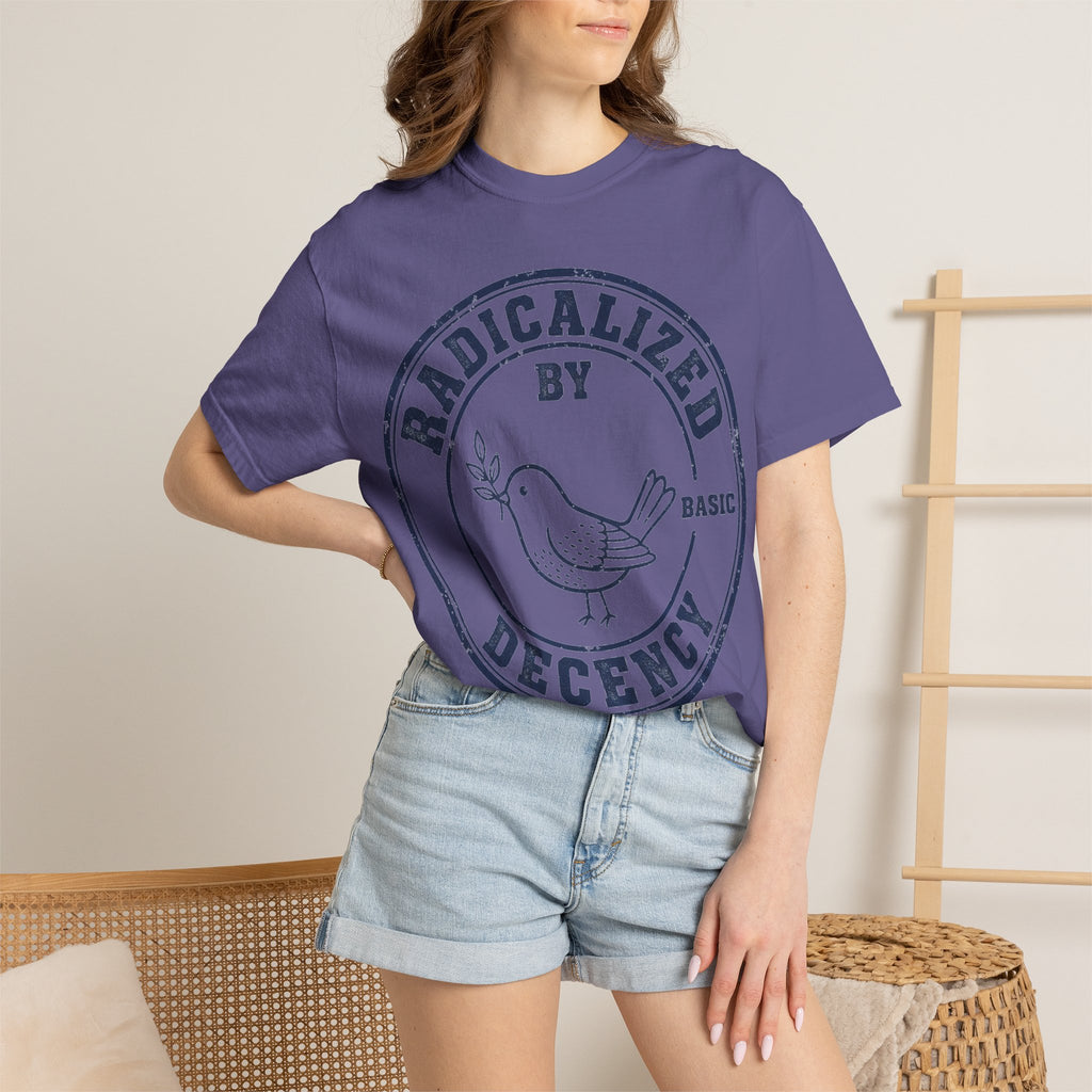 Radicalized By Basic Decency Navy Stamp Shirt, Line Art Dove Badge Tee, Kindness Protest Shirt, Activist Gift