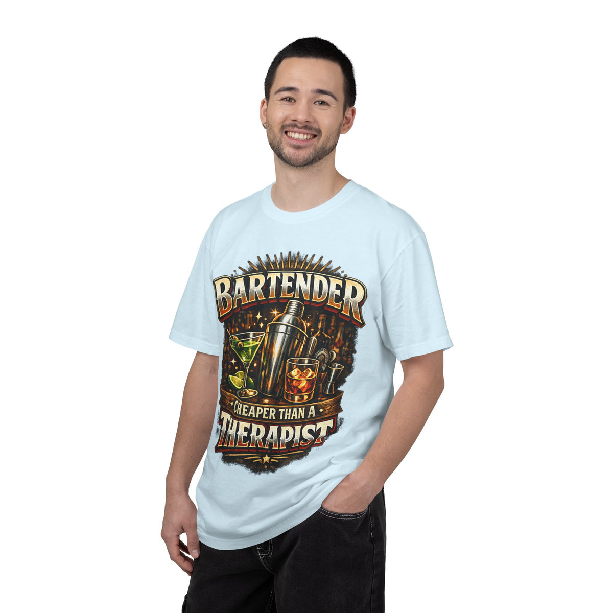 Bartender T-Shirt — "Bartender: Cheaper Than a Therapist" Vintage Bar Graphic Tee