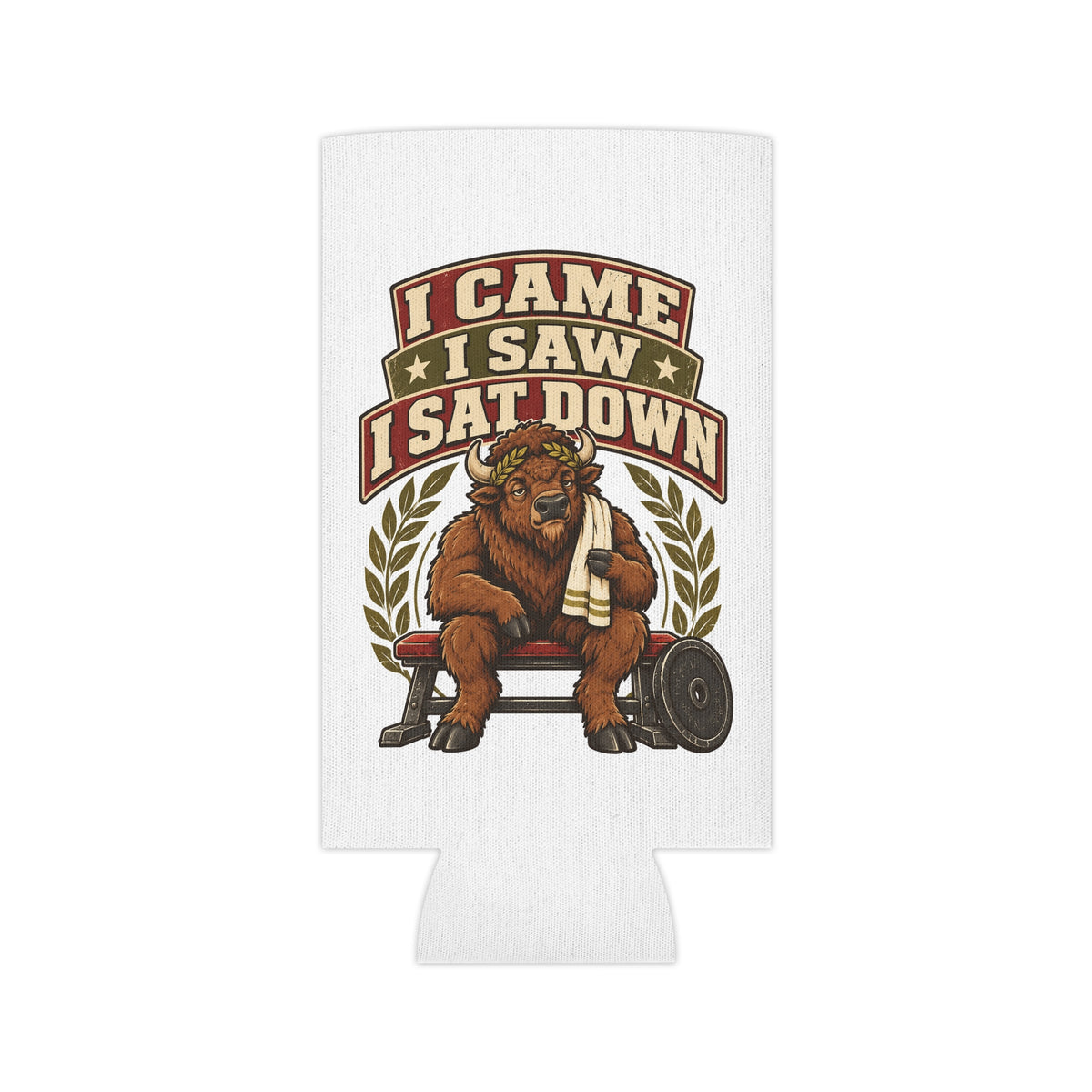 I Came I Saw I Sat Down Bison Can Cooler, Funny Beer Can Sleeve, Gym Gift Stocking Stuffer
