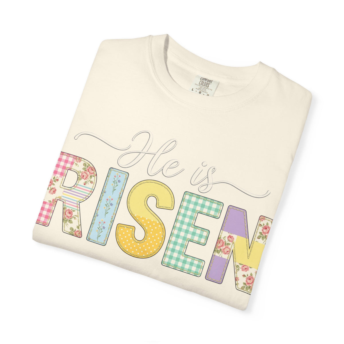 He Is Risen Floral Applique Shirt, Rose Gingham Easter Tee, Christian Patchwork Shirt, Easter Gift