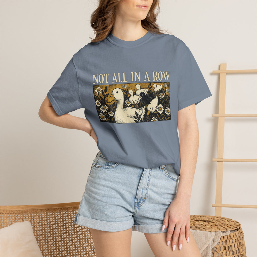 Not All In A Row Shirt, Woodcut Duck And Daisies Tee, Vintage Block Print Shirt, Funny Duck Gift