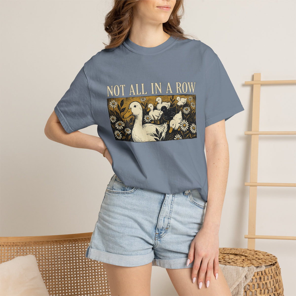 Not All In A Row Shirt, Woodcut Duck And Daisies Tee, Vintage Block Print Shirt, Funny Duck Gift