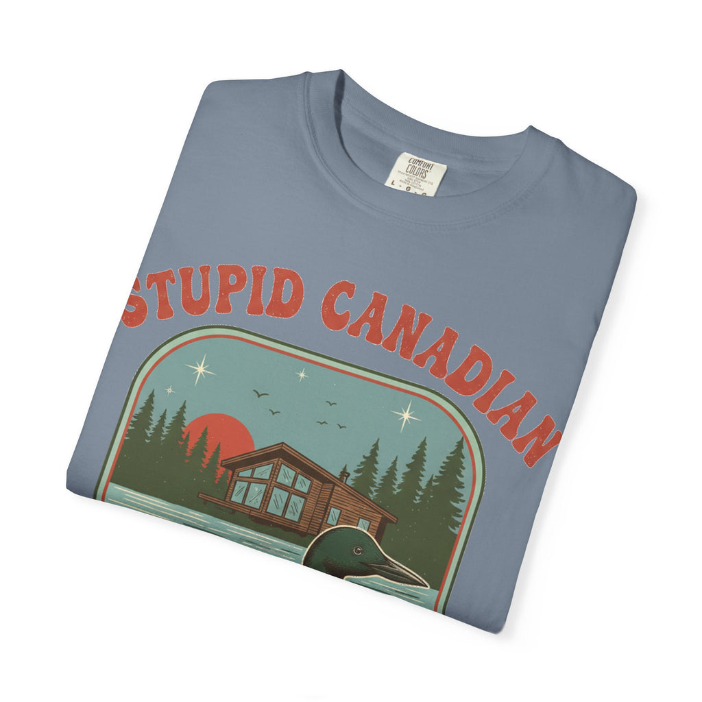 Stupid Canadian Wolf-Bird Arched Shirt, Retro Loon Sunset Badge Tee, Funny Lake Shirt, Cabin Gift