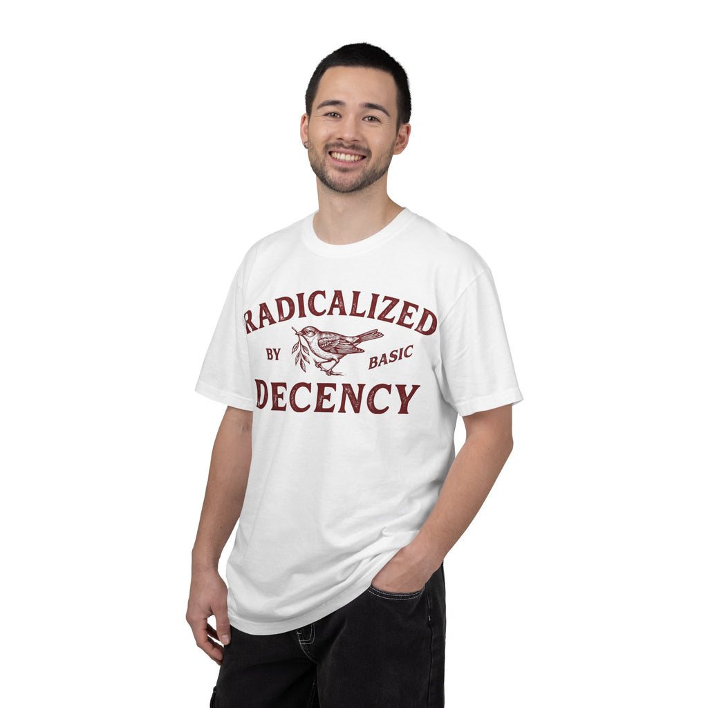 Radicalized By Basic Decency Bold Shirt, Engraved Bird Typography Tee, Kindness Statement Shirt, Protest Gift