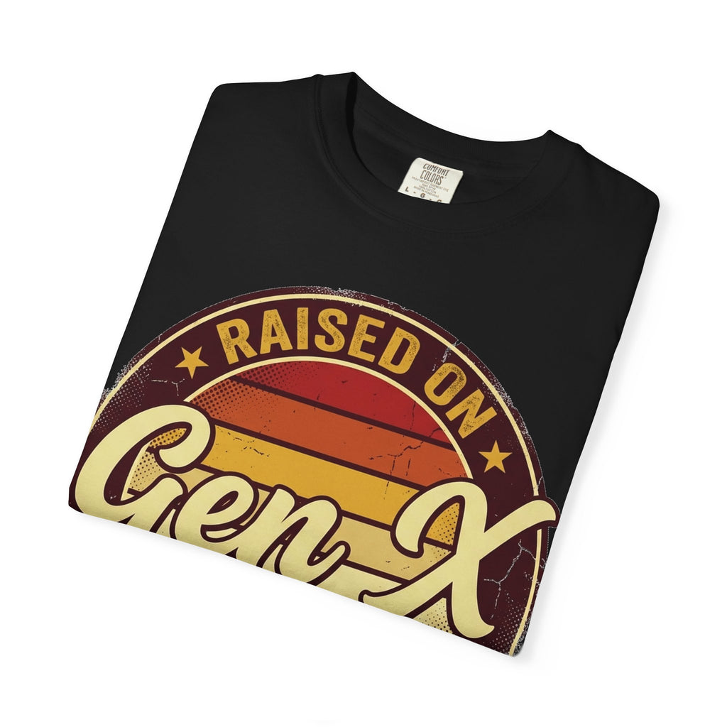 Gen X Retro Badge T-Shirt — "Raised on Gen-X" Vintage Sunset Tee