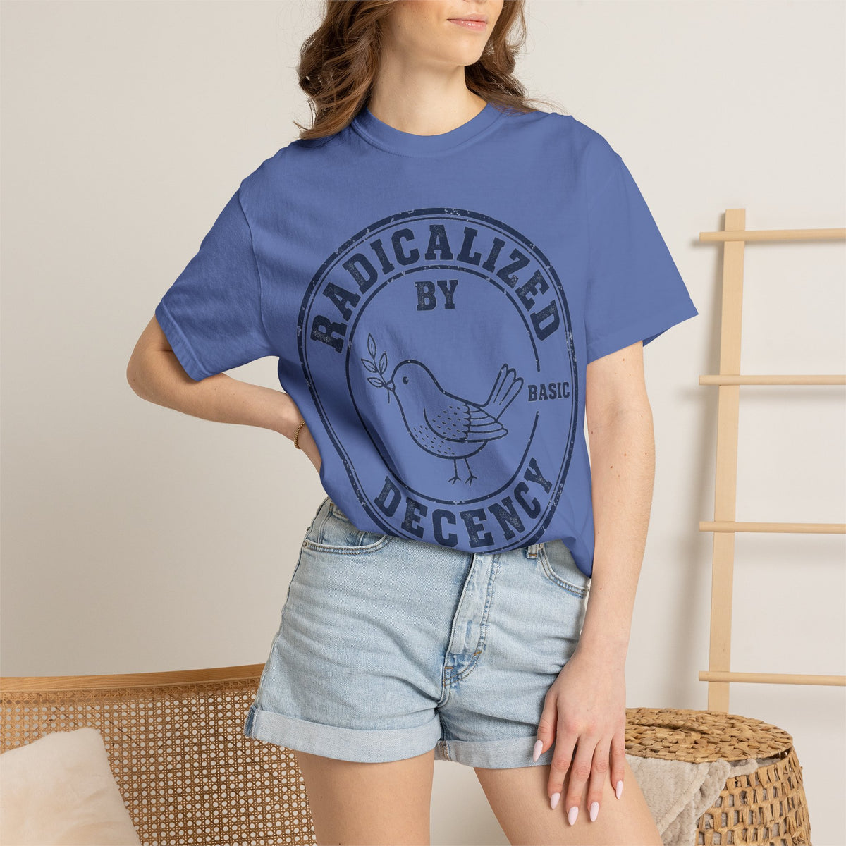 Radicalized By Basic Decency Navy Stamp Shirt, Line Art Dove Badge Tee, Kindness Protest Shirt, Activist Gift