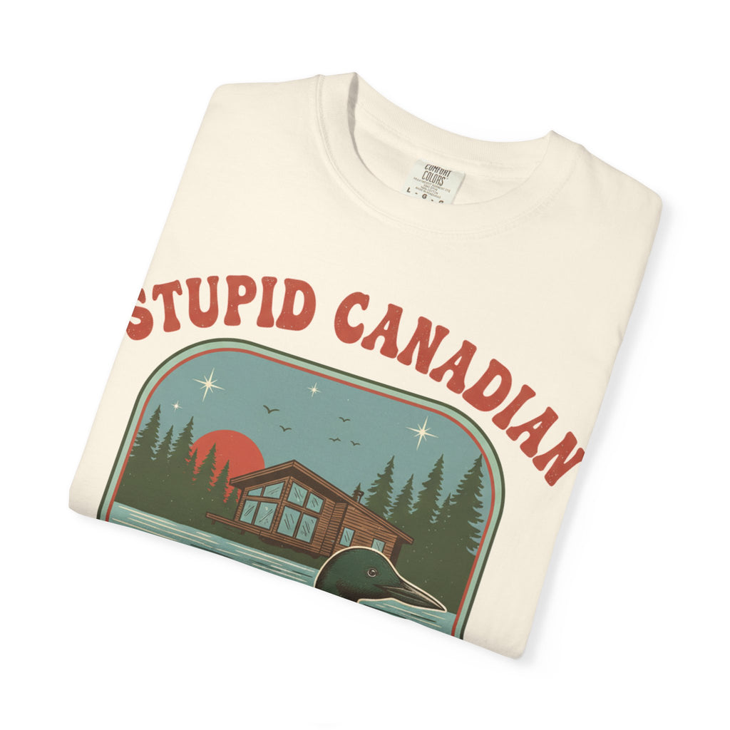 Stupid Canadian Wolf-Bird Arched Shirt, Retro Loon Sunset Badge Tee, Funny Lake Shirt, Cabin Gift