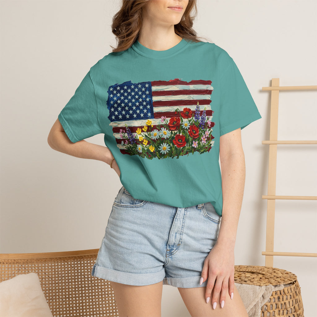 Painted Flag Wildflower Meadow Shirt, Impasto Americana Floral Tee, Patriotic Shirt, Independence Day Gift