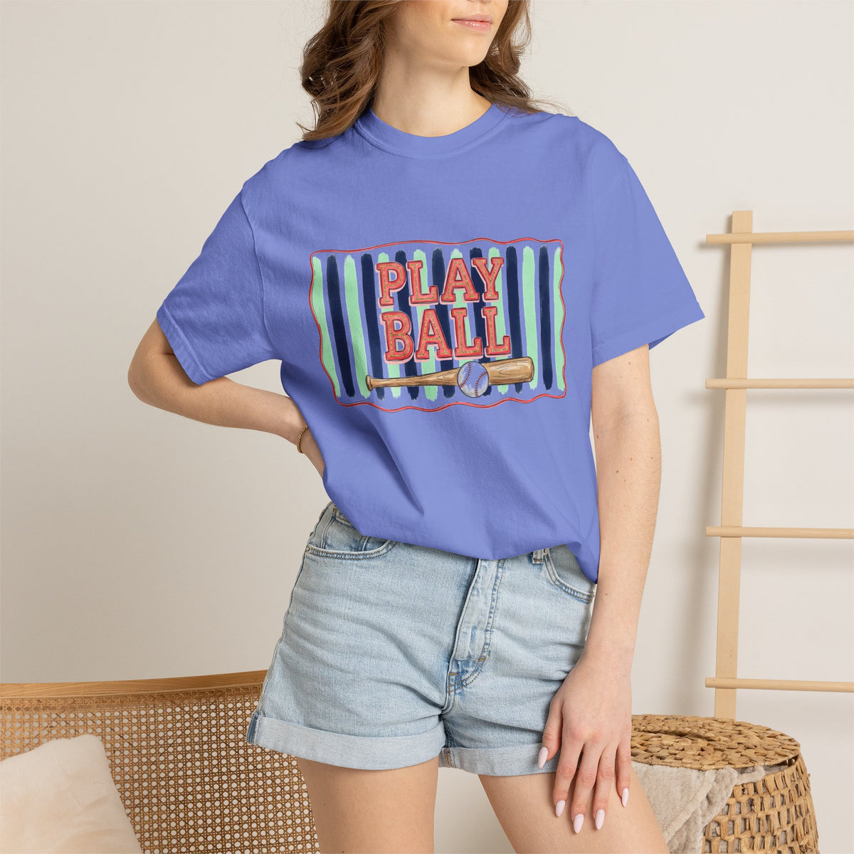 Play Ball Shirt, Painted Stripe Baseball Tee, Vintage Baseball Mom Shirt, Game Day Gift