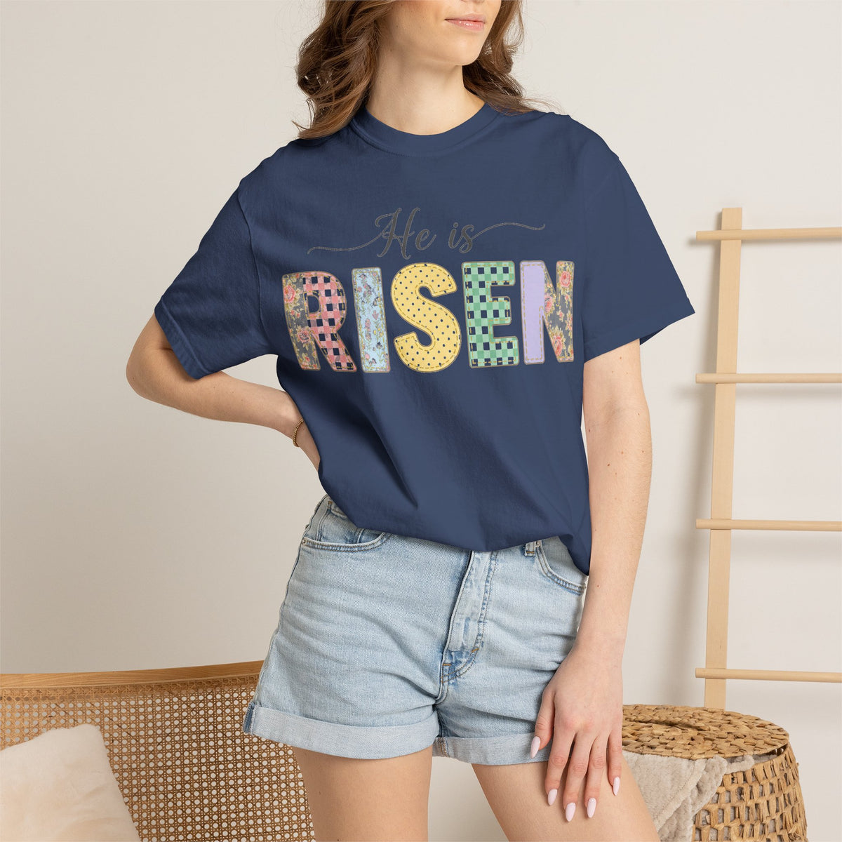 He Is Risen Pastel Patch Shirt, Easter Faux Stitch Letter Tee, Christian Spring Shirt, Easter Gift