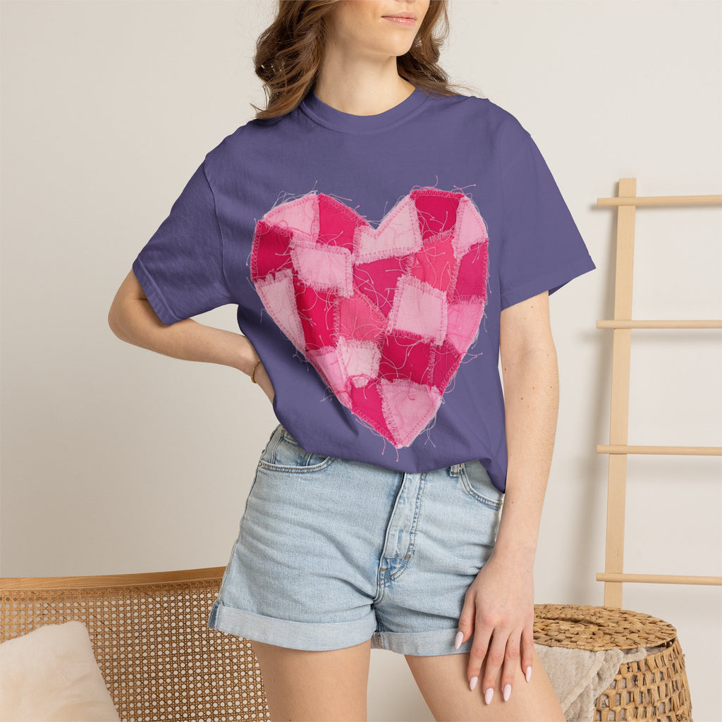 Hot Pink Patchwork Heart Shirt, Checkered Quilt Heart Tee, Frayed Applique Valentine Shirt, Gift For Her