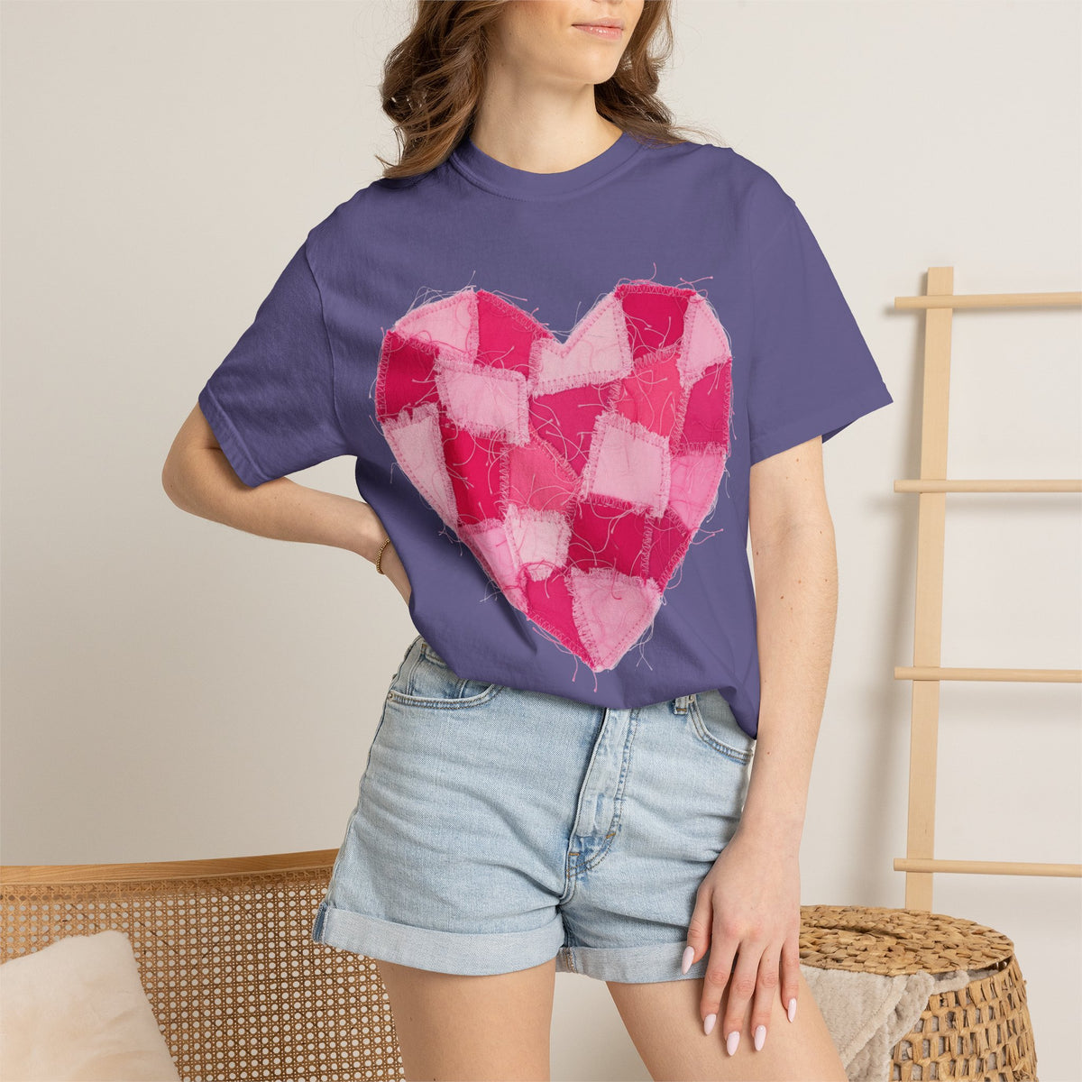 Hot Pink Patchwork Heart Shirt, Checkered Quilt Heart Tee, Frayed Applique Valentine Shirt, Gift For Her