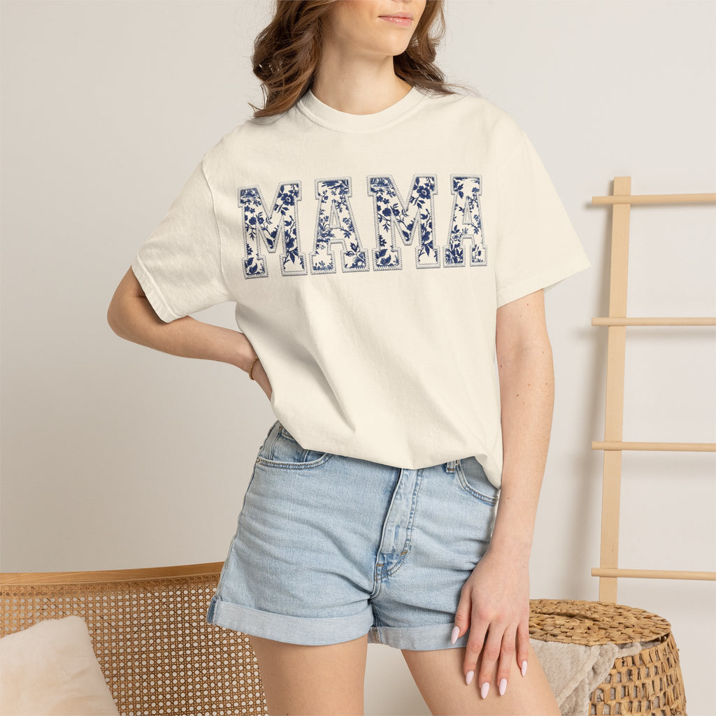 Mama Blue Toile Shirt, Delft Floral Applique Varsity Tee, Chinoiserie Mom Shirt, Mothers Day Gift