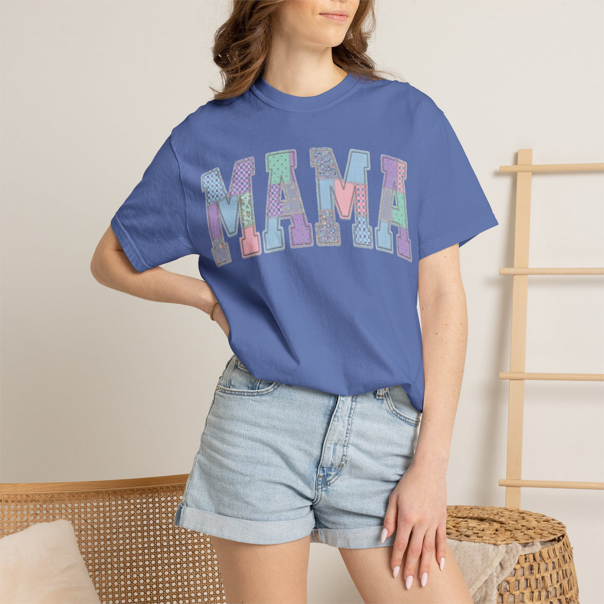 Mama Patchwork Shirt, Pastel Faux Applique Varsity Tee, Shabby Chic Mom Shirt, Mothers Day Gift