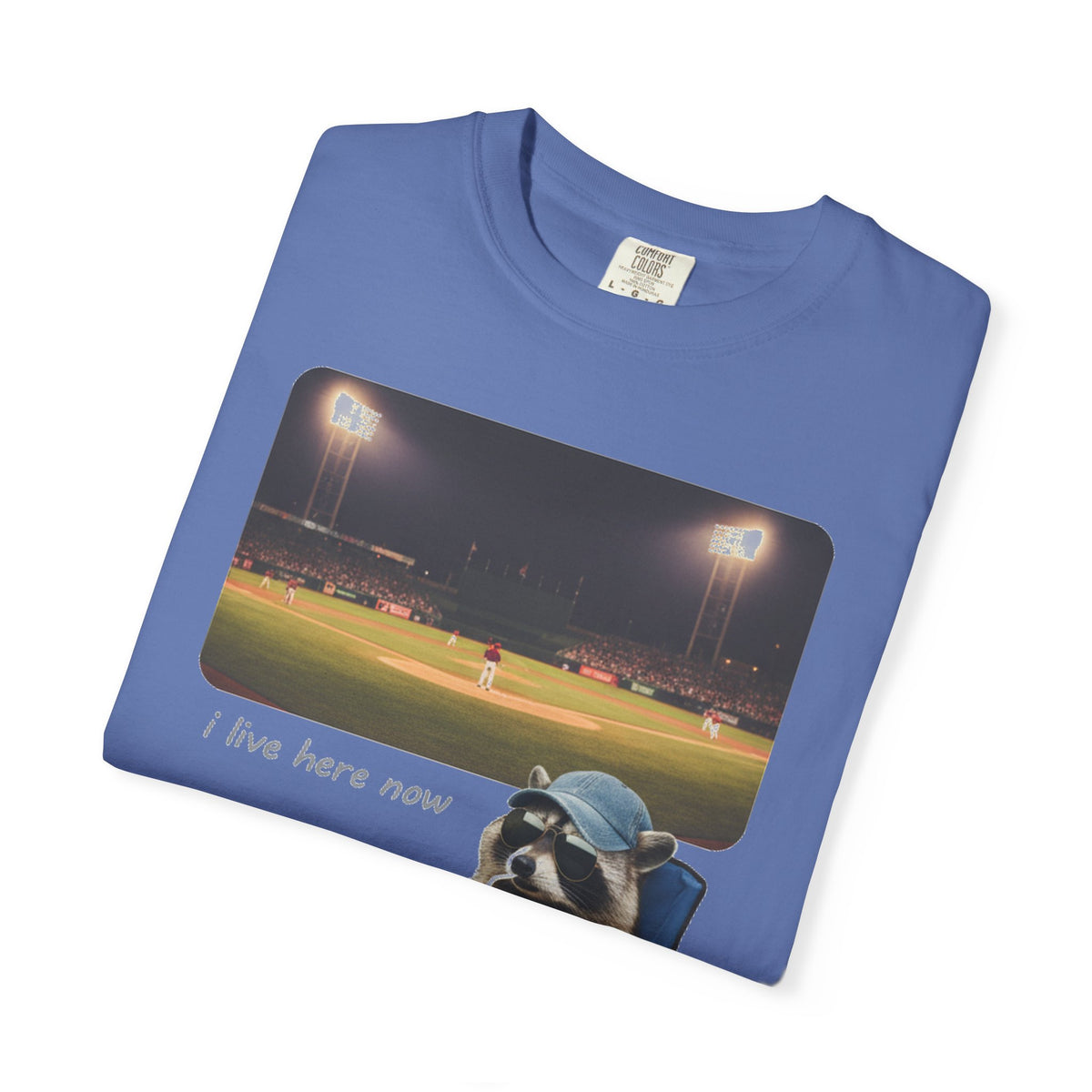 I Live Here Now Ballpark Raccoon Shirt, Funny Baseball Parent Tee, Camp Chair Raccoon Shirt, Sports Mom Gift