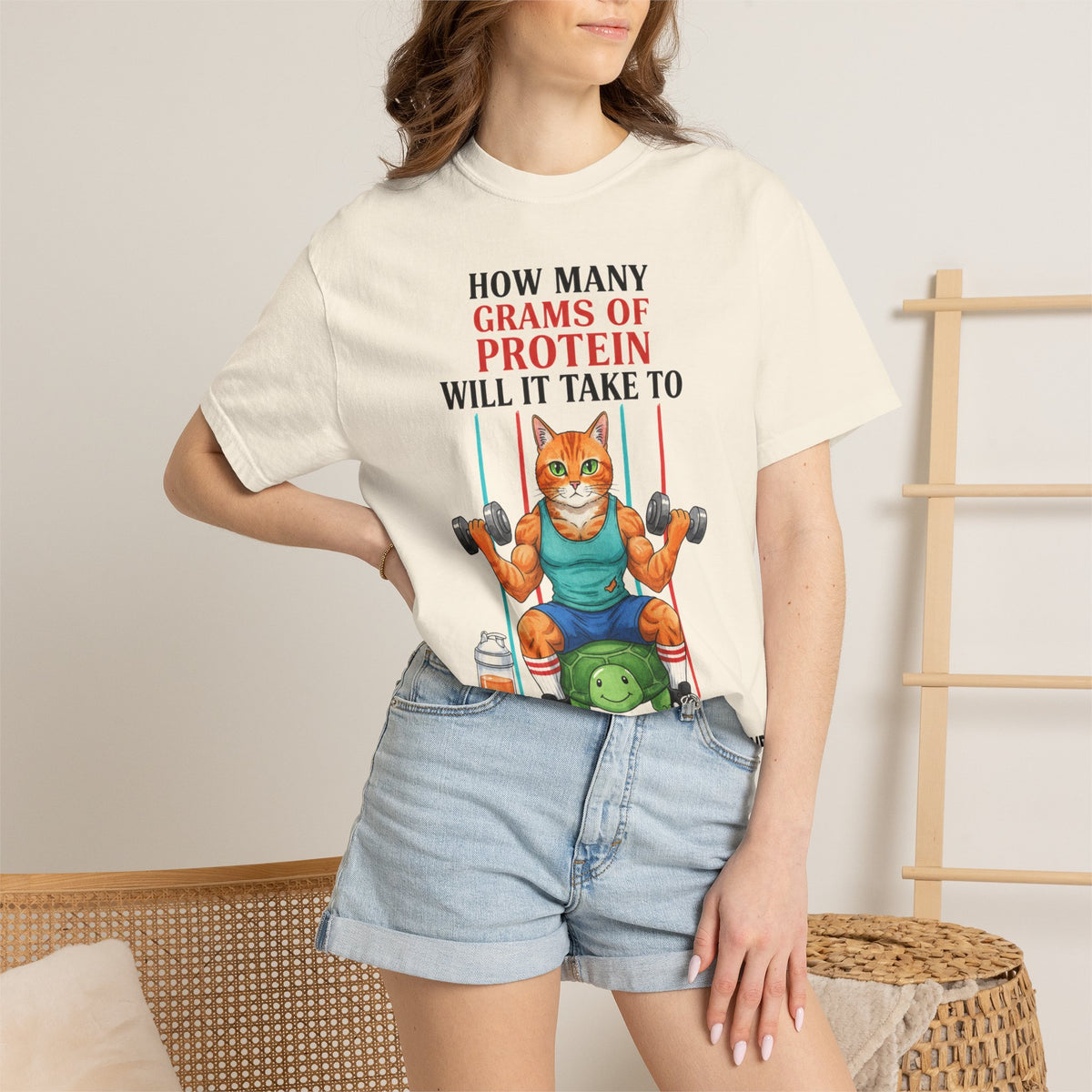 How Many Grams Of Protein Tall Shirt, Funny Buff Cat Gym Tee, Protein Humor Shirt, Weightlifting Gift