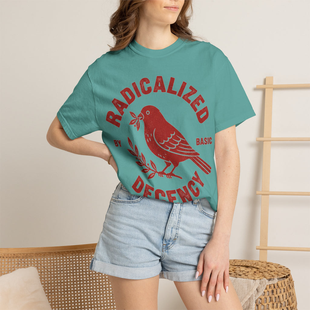 Radicalized By Basic Decency Arched Shirt, Red Folk Bird Tee, Kindness Statement Shirt, Activist Gift