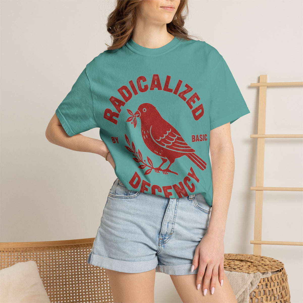 Radicalized By Basic Decency Arched Shirt, Red Folk Bird Tee, Kindness Statement Shirt, Activist Gift