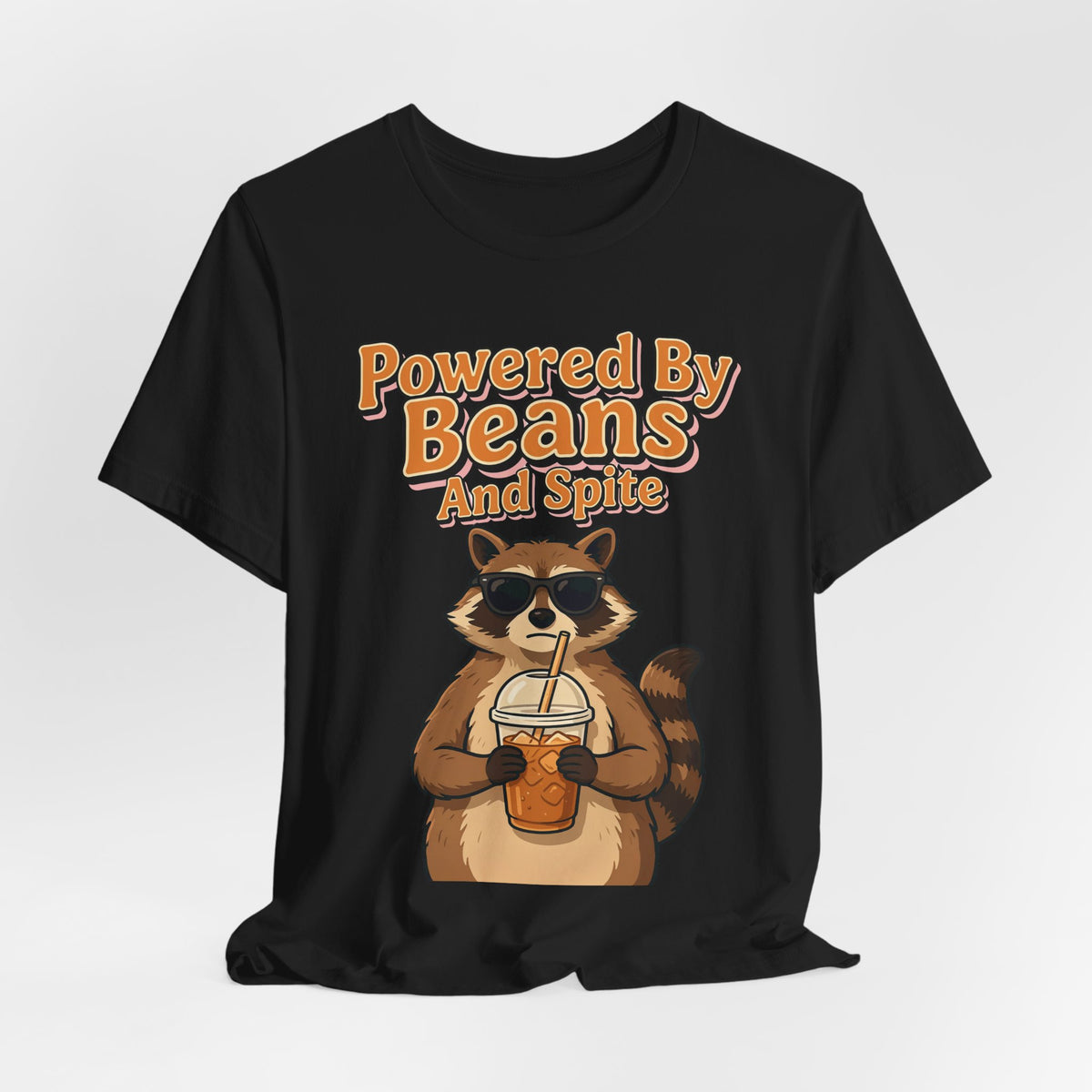 Funny Coffee Shirt Powered By Beans And Spite | Sarcastic Coffee Lover Shirt | Iced Coffee Raccoon Shirt | Gift
