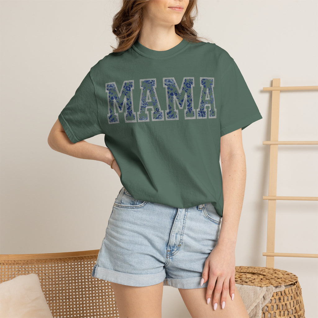 Mama Blue Toile Shirt, Delft Floral Applique Varsity Tee, Chinoiserie Mom Shirt, Mothers Day Gift