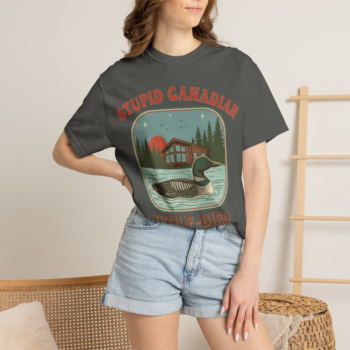 Stupid Canadian Wolf-Bird Arched Shirt, Retro Loon Sunset Badge Tee, Funny Lake Shirt, Cabin Gift