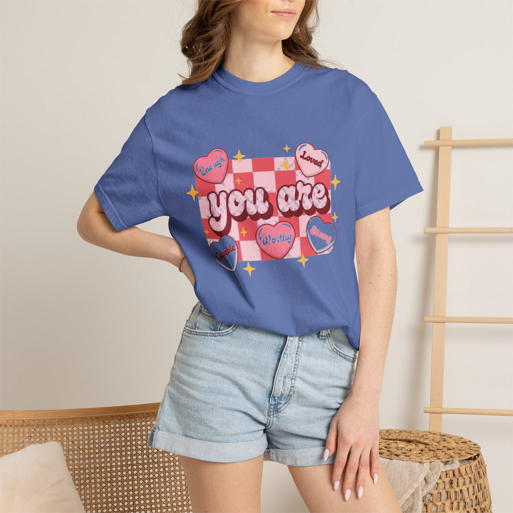 You Are Enough Pink Check Shirt, Affirmation Conversation Heart Tee, Valentines Shirt, Self Love Gift
