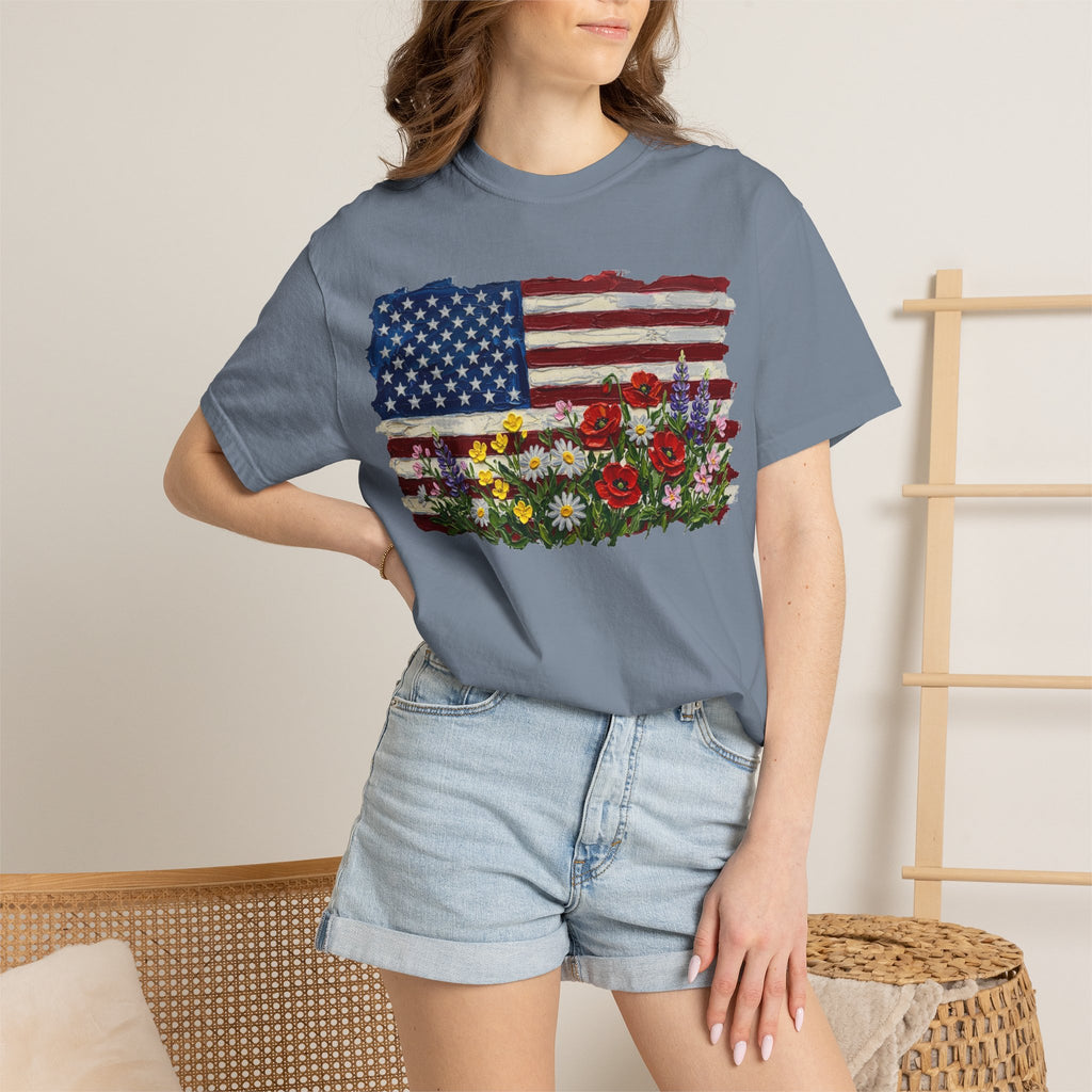 Painted Flag Wildflower Meadow Shirt, Impasto Americana Floral Tee, Patriotic Shirt, Independence Day Gift