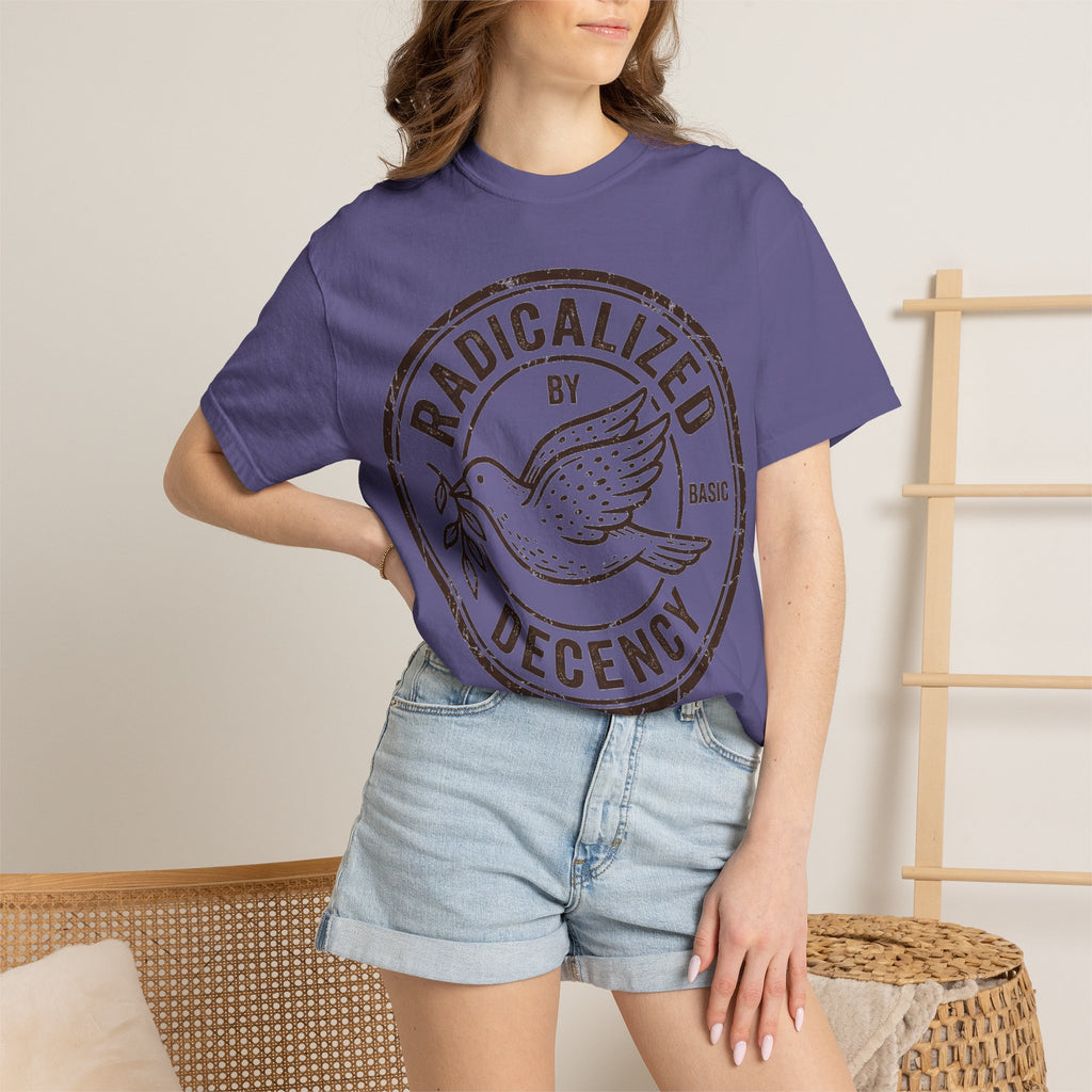 Radicalized By Basic Decency Brown Stamp Shirt, Flying Dove Badge Tee, Kindness Activist Shirt, Ally Gift