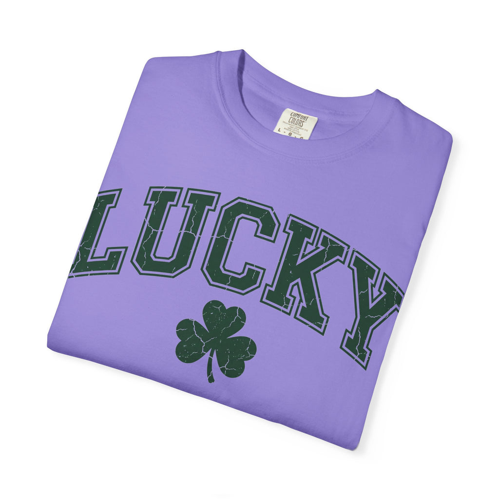 Lucky Shamrock Varsity Shirt, Distressed Green Clover Tee, St Patricks Day Collegiate Shirt, Irish Gift