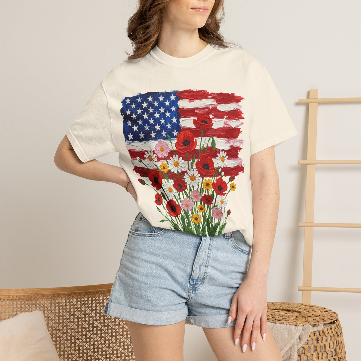 American Flag Poppy Bouquet Shirt, Impasto Patriotic Floral Tee, Memorial Day Shirt, Veterans Gift