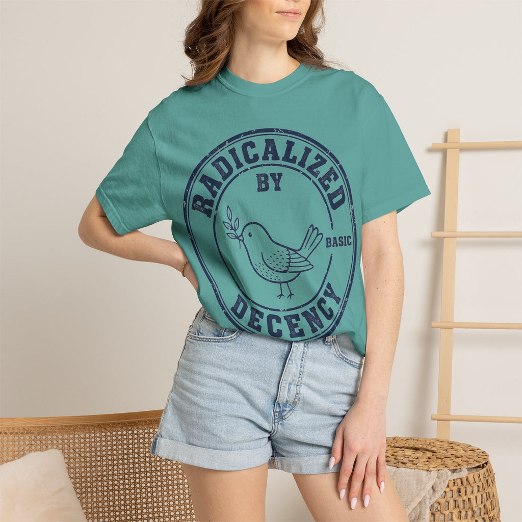 Radicalized By Basic Decency Navy Stamp Shirt, Line Art Dove Badge Tee, Kindness Protest Shirt, Activist Gift