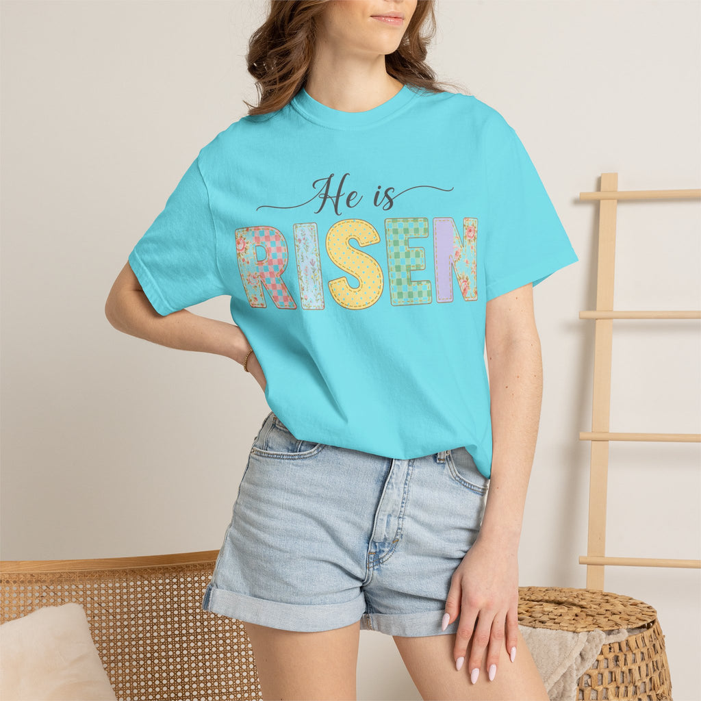 He Is Risen Pastel Patch Shirt, Easter Faux Stitch Letter Tee, Christian Spring Shirt, Easter Gift