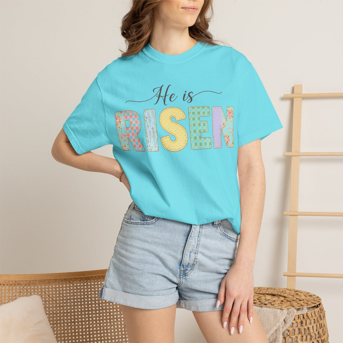He Is Risen Pastel Patch Shirt, Easter Faux Stitch Letter Tee, Christian Spring Shirt, Easter Gift