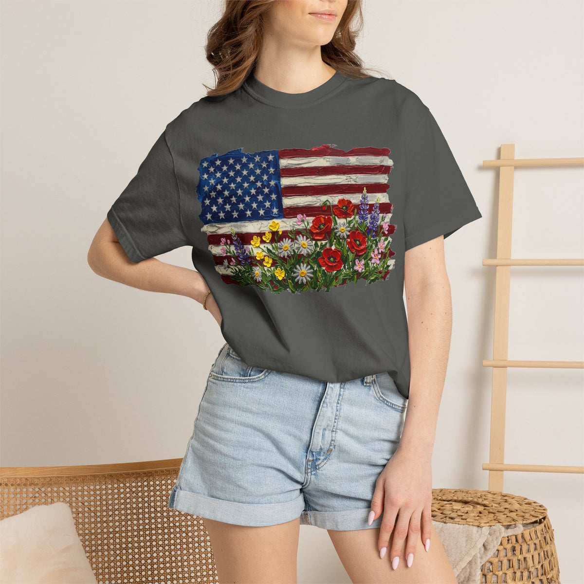 Painted Flag Wildflower Meadow Shirt, Impasto Americana Floral Tee, Patriotic Shirt, Independence Day Gift