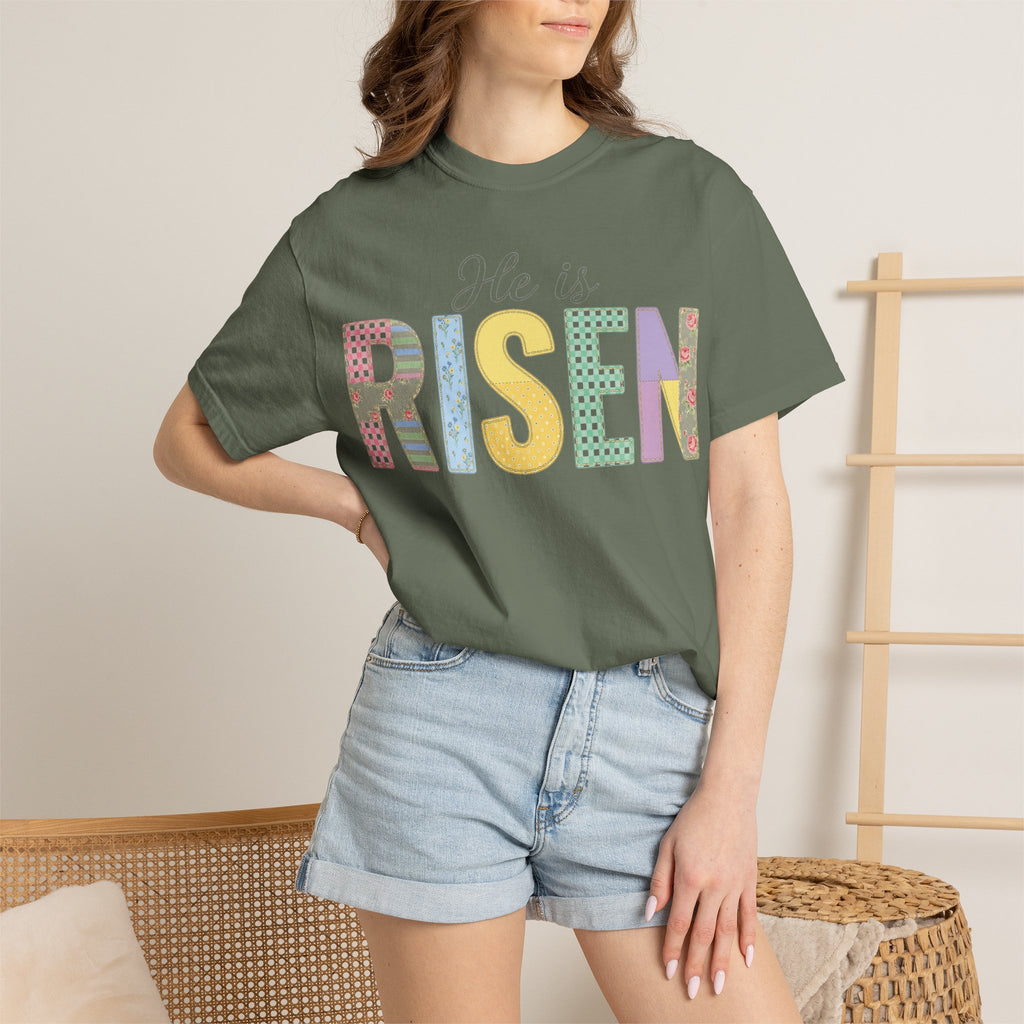 He Is Risen Patchwork Shirt, Faux Applique Easter Tee, Gingham Floral Christian Shirt, Easter Gift