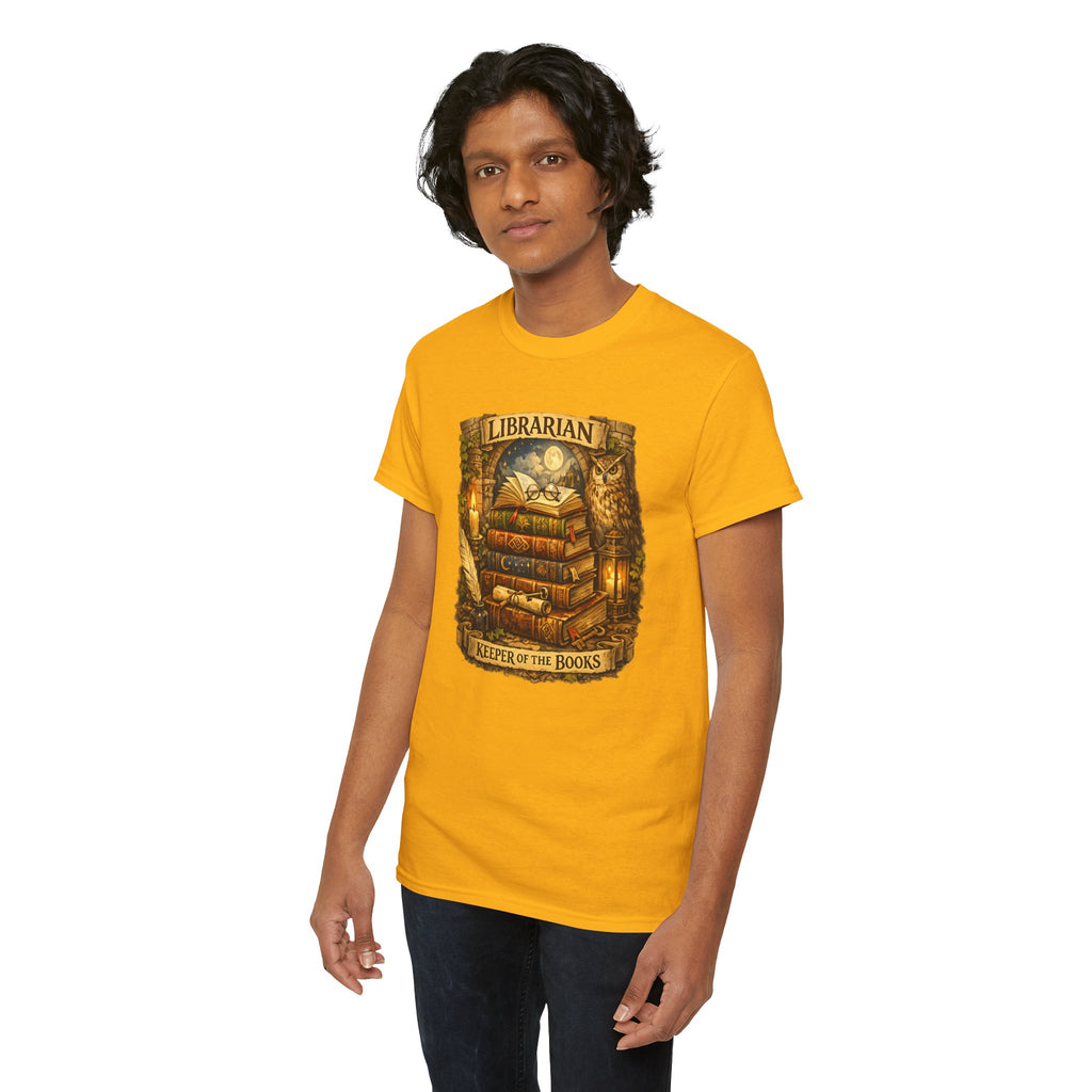 Librarian 'Keeper of the Books' T-Shirt — Vintage Bookstack & Owl Graphic