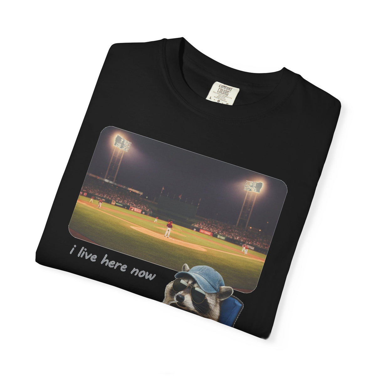 I Live Here Now Ballpark Raccoon Shirt, Funny Baseball Parent Tee, Camp Chair Raccoon Shirt, Sports Mom Gift