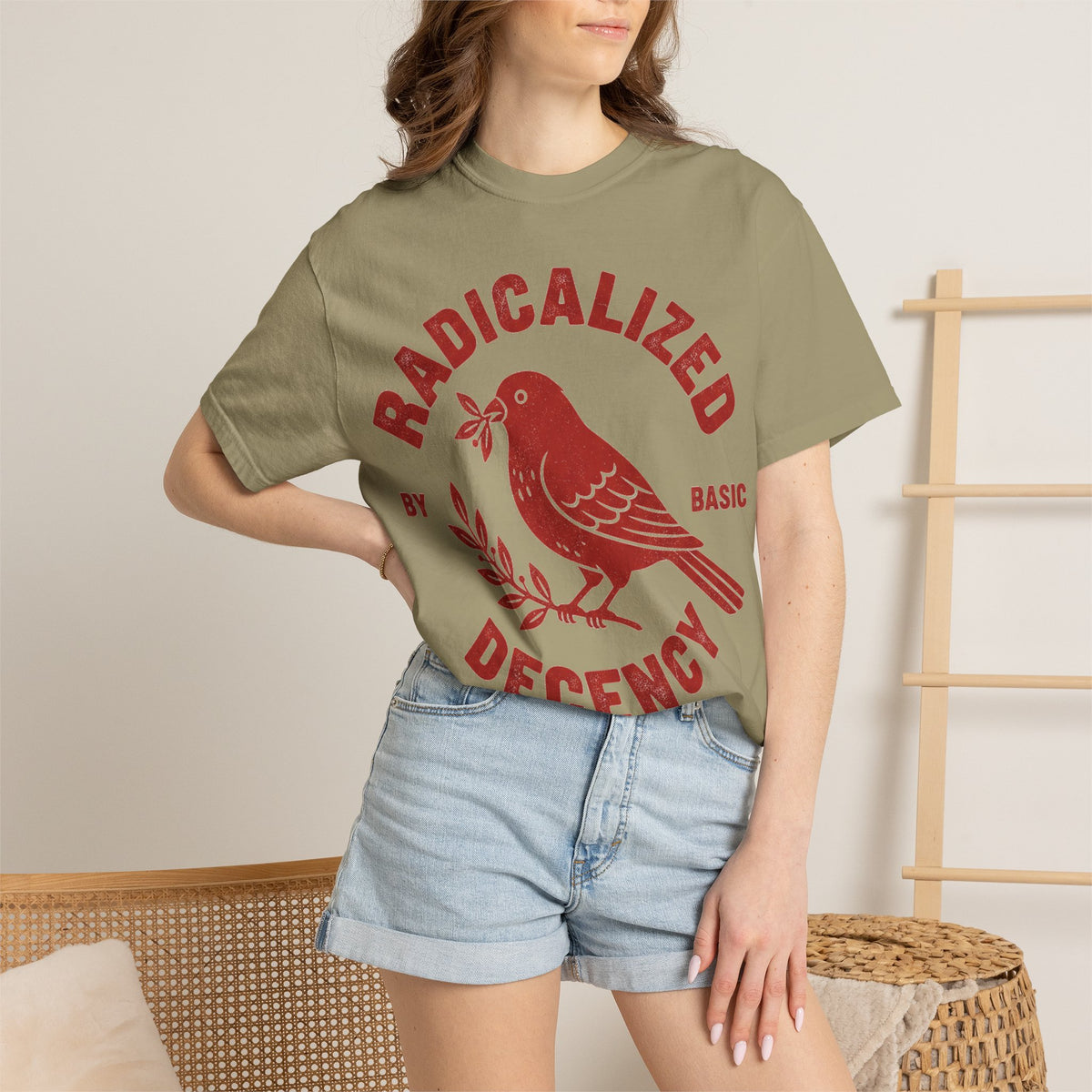 Radicalized By Basic Decency Arched Shirt, Red Folk Bird Tee, Kindness Statement Shirt, Activist Gift