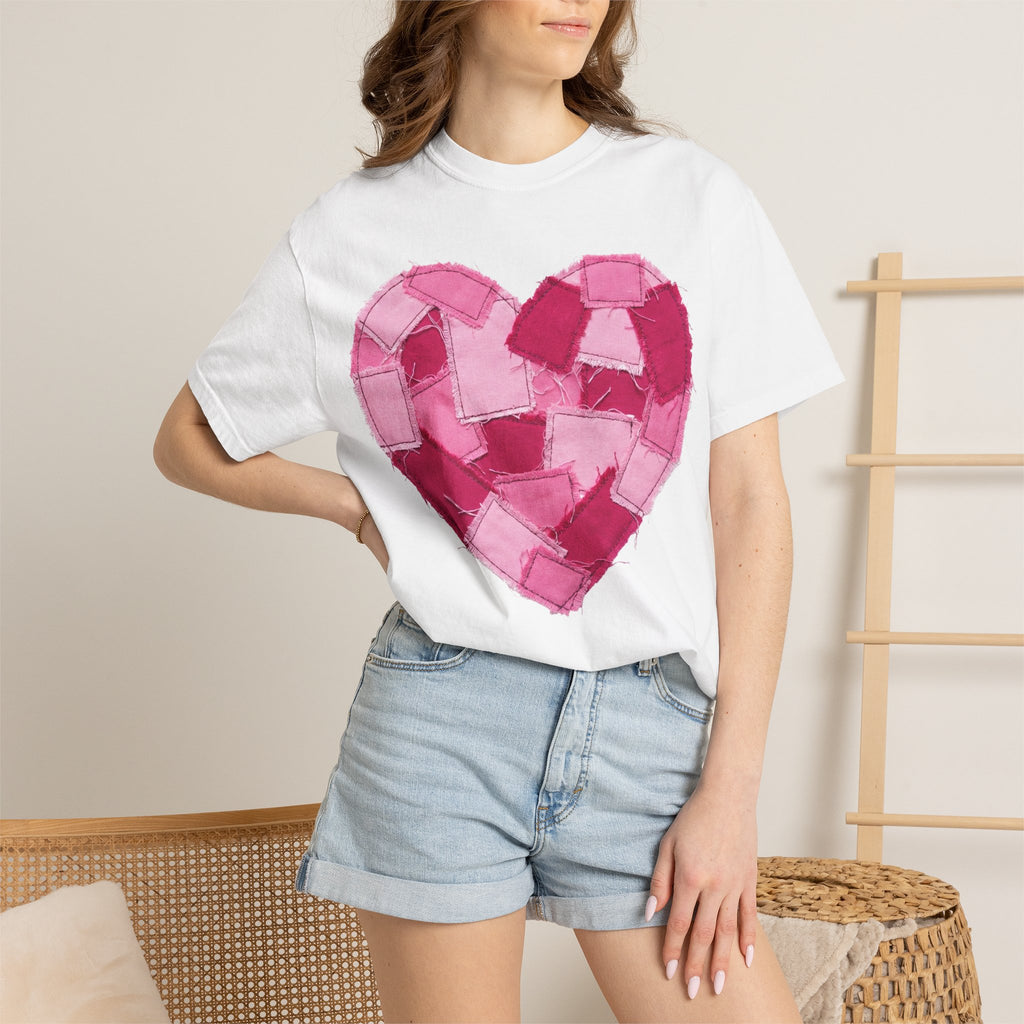 Patchwork Heart Shirt, Frayed Pink Quilt Heart Tee, Shabby Chic Valentine Shirt, Cozy Gift