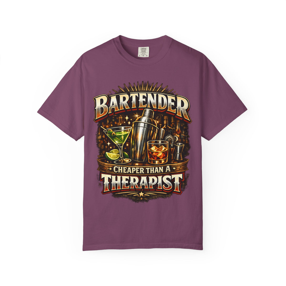 Bartender T-Shirt — "Bartender: Cheaper Than a Therapist" Vintage Bar Graphic Tee