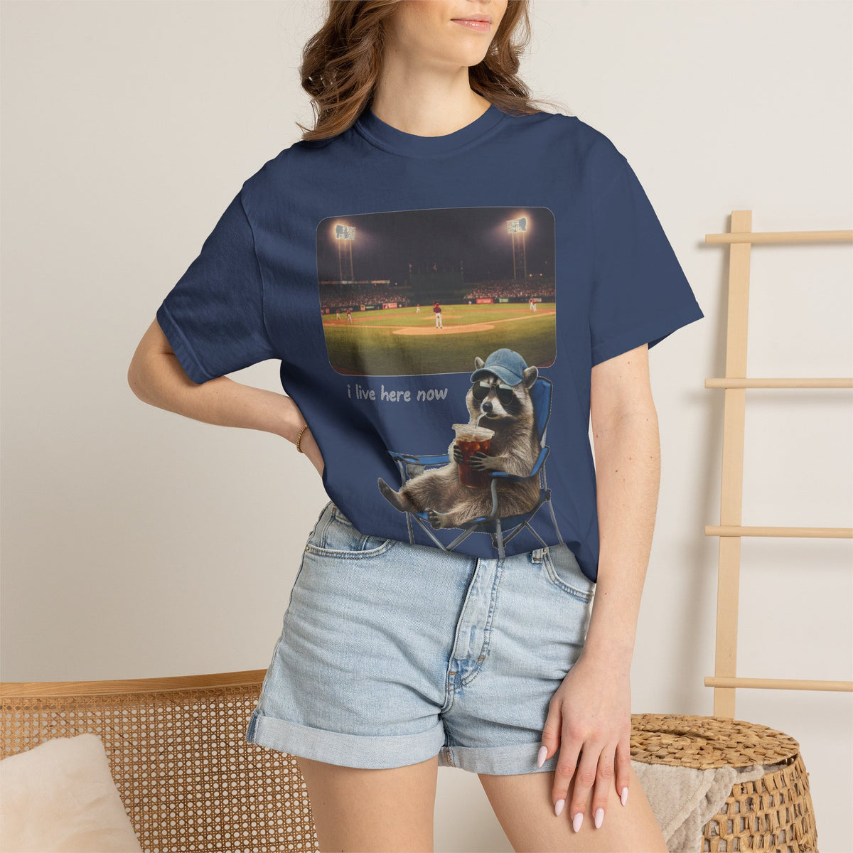 I Live Here Now Ballpark Raccoon Shirt, Funny Baseball Parent Tee, Camp Chair Raccoon Shirt, Sports Mom Gift
